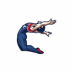 Cartoon gymnast athlete performing a backbend pose with outstretched arms