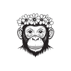 Cute Chimpanzee with Flower Crown &ndash; Hand-Drawn Line Art Illustration