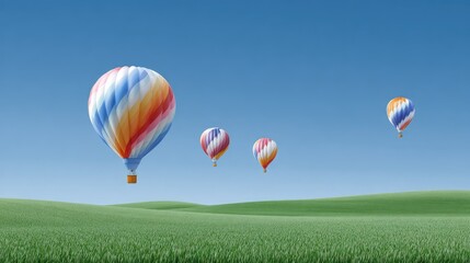 Naklejka premium Colorful hot air balloons floating above lush green landscape under clear blue sky during bright sunny day with gentle breeze in the atmosphere