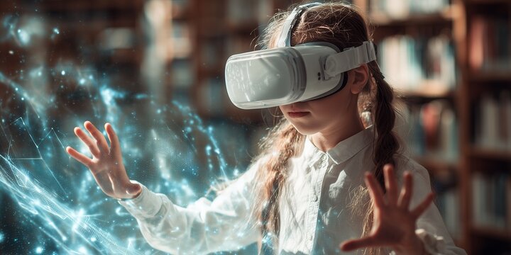 Girl with VR headset touching a digital interface with bookshelves background, concept for virtual learning, immersive experience and educational technology