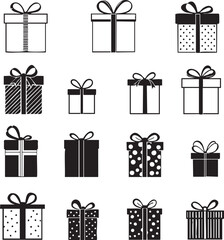 Naklejka premium Gift Box Icon Set Vector – Festive Collection of 15 Decorative Present Designs with Bows, Patterns, and Ribbons for Holiday Graphics, Celebration Cards, and Seasonal Projects