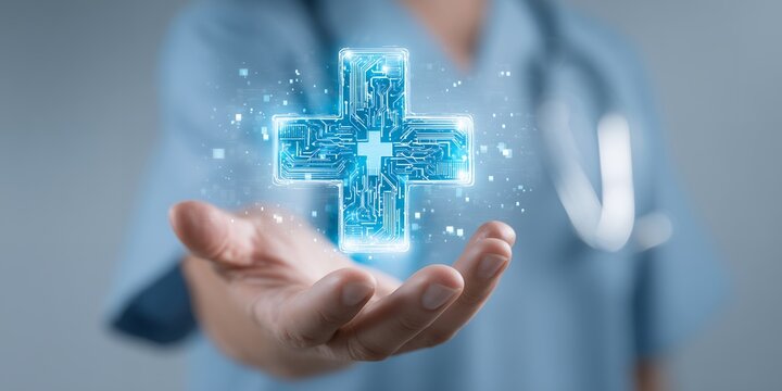 Hand holding a glowing digital plus sign with circuit patterns, concept for telemedicine solutions, health technology innovations and digital healthcare services - Powered by Adobe