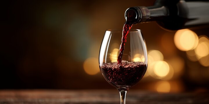 Pouring rich red wine from a bottle into a glass against a bokeh light background, concept for wine tasting event, restaurant menu and celebration
