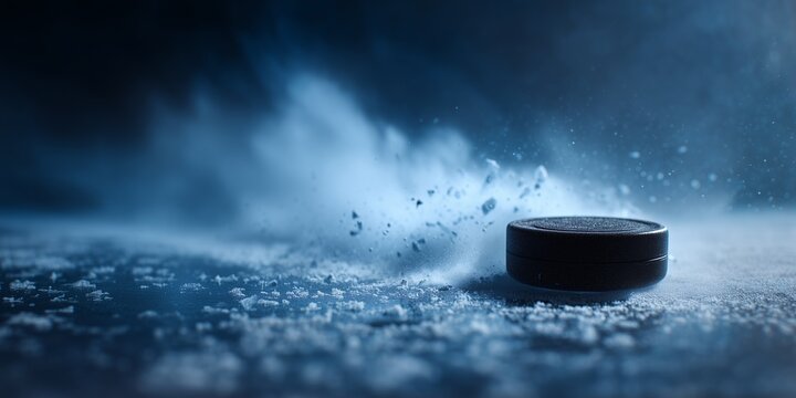 Dramatic close-up of a hockey puck on ice surface surrounded by powdered snow and blue light effects, concept for winter sports advertising, extreme sporting equipment and professional athletic - Powered by Adobe