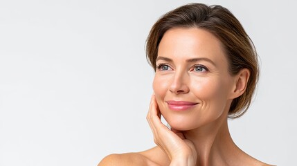 Woman with radiant skin and natural beauty, smiling softly, showcasing healthy lifestyle and skincare routine, perfect for wellness and self-care themes