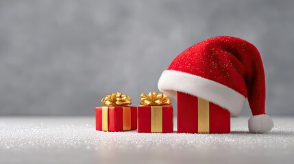 Festive Christmas Gifts with Traditional Red Wrapping and Gold Accents Surrounded by Delicate Snowflakes and a Cheerful Santa Hat