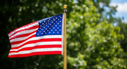 American flag waving on a flagpole against a blurred green foliage background