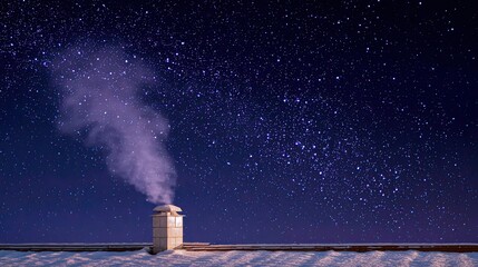 This image showcases a chimney emitting smoke under a starry night sky, creating a serene and peaceful atmosphere in a winter setting.