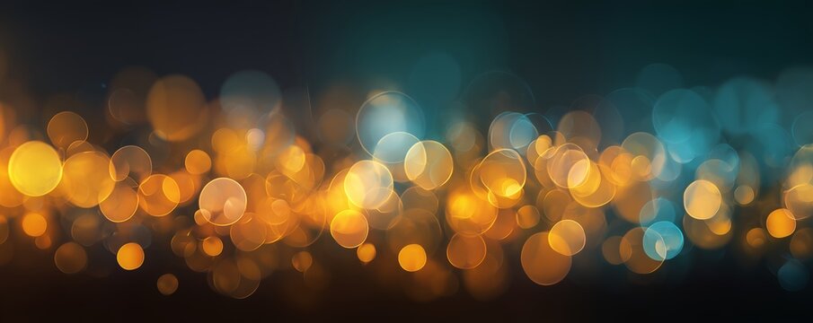 Abstract glowing bokeh circles in shades of blue and gold on a dark background, concept for festive backgrounds, holiday cards and digital decoration