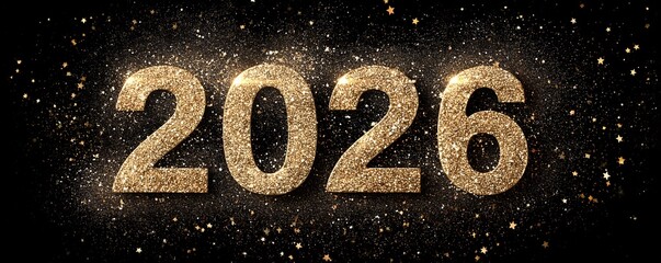 Golden glittering 2026 numbers on a dark background surrounded by sparkles and small stars, concept for new year celebrations, future planning and festive banners