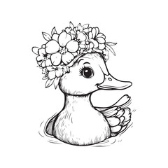 Cute Duckling with Floral Crown &ndash; Black and White Line Art Illustration