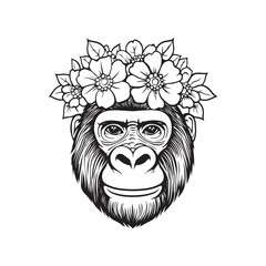 Gorilla with Floral Crown – Cute Black and White Line Art Illustration