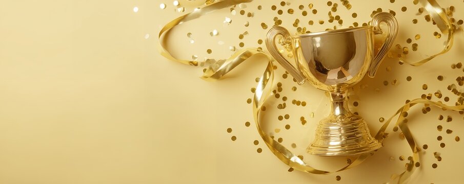 Shiny golden trophy surrounded by confetti and ribbon on gold backdrop, concept for business success, achievement recognition and corporate reward
