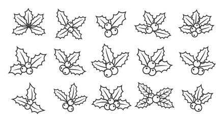 Collection of hand drawn black and white holly leaf and berry illustrations for christmas and winter designs © Kuntol02