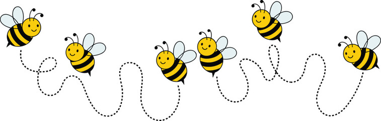 Cartoon bees flying in playful pattern, whimsical insect illustration, cute bee vector, dashed flight path, cheerful buzzing characters, educational design