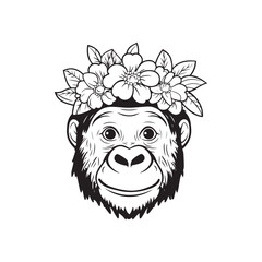 Cute Monkey with Floral Crown – Black and White Line Art Illustration