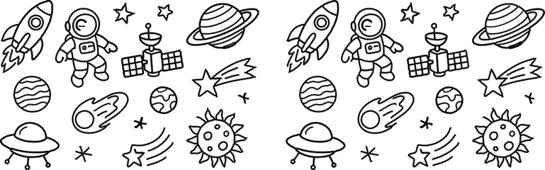 Black Doodle Space Icons Set – Rocket, Astronaut, Planets, UFO, Stars