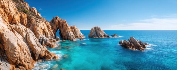 Vista Coastline Natural wonder concept. Serene coastline with rocky formations and clear blue water.