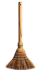 A close-up shot of a household tool with a wooden handle and straw bristles on a clean white background