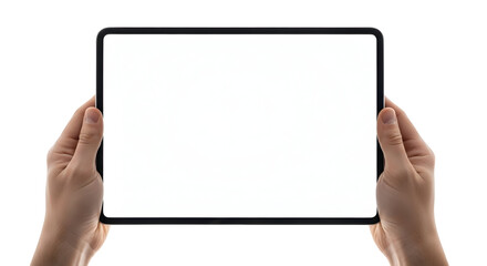 Hands holding a blank tablet screen, perfect for digital content creation and design mockups