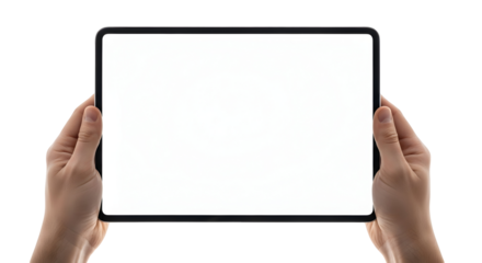 Hands holding a blank tablet screen, perfect for digital content creation and design mockups