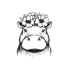 Hippo Head with Floral Crown &ndash; Cute Line Art Animal Illustration