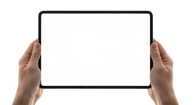 Hands holding a blank tablet screen, perfect for digital content creation and design mockups