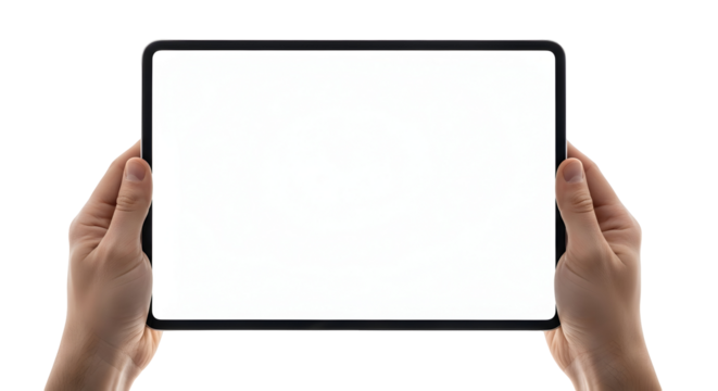 Hands holding a blank tablet screen, perfect for digital content creation and design mockups