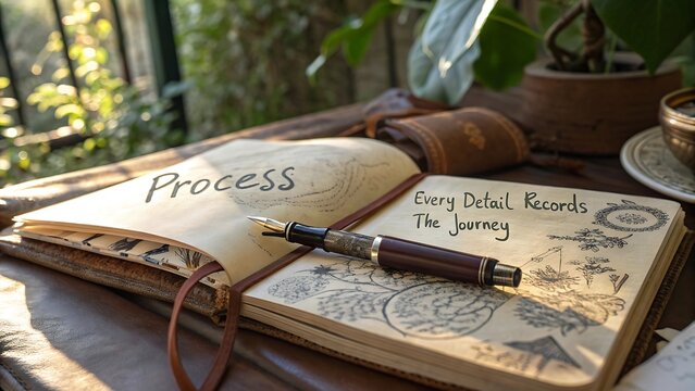 A vintage fountain pen writing in a leather bound journal in sunlight - Powered by Adobe