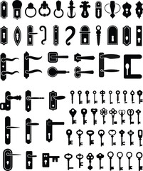Fototapeta premium Collection of vintage and modern keys, locks, keyholes, and door handles in detailed vector silhouettes for antique, security, and hardware design illustrations.