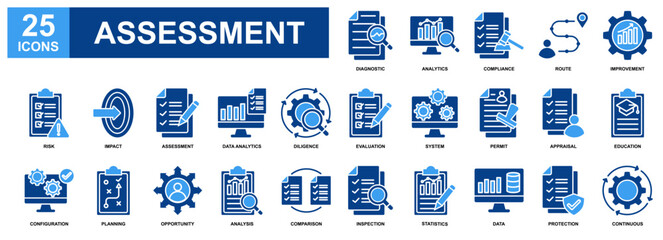Assessment icon set collection. Containing design Diagnostic, Analytics, Improvement, Appraisal, Education