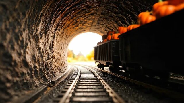 Train Emerging From Sunlit Tunnel Along Rails.