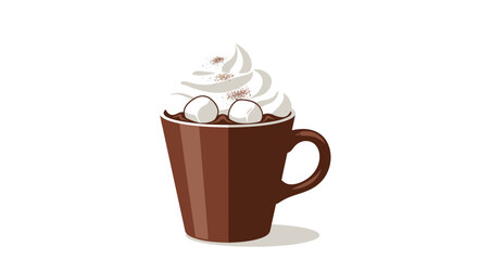 Illustration of a brown mug filled with hot chocolate, marshmallows, and whipped cream.
