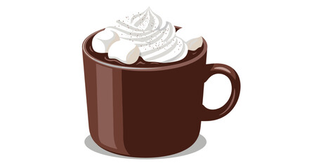 A brown ceramic mug filled with hot chocolate, topped with whipped cream and marshmallows on a white background.