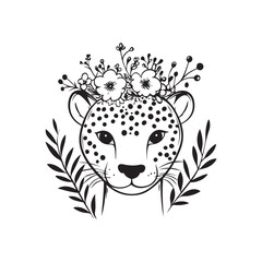 Floral Crown Leopard Head &ndash; Cute Line Art Big Cat Illustration with Botanical Elements