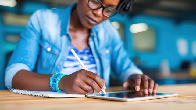 Creative professional using tablet to brainstorm ideas in modern workspace digital content creation inspired environment