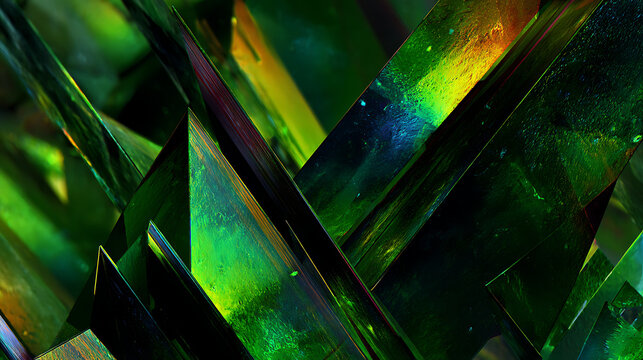 Emerald shards with golden and purple highlights abstract geometric