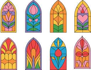 Colorful stained glass window vector set featuring symmetrical floral and abstract patterns in gothic arch style for decorative and architectural design themes