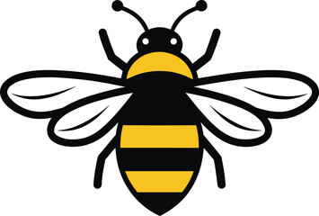 Stylized bee vector illustration, cartoon insect icon, black and yellow striped body, symmetrical wings design, nature pollination symbol, cute graphic
