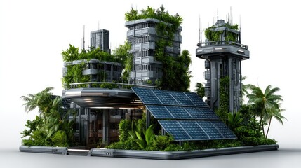 Eco-friendly Building: A futuristic, sustainable architectural marvel, integrating solar panels and lush vegetation for an environmentally conscious design.