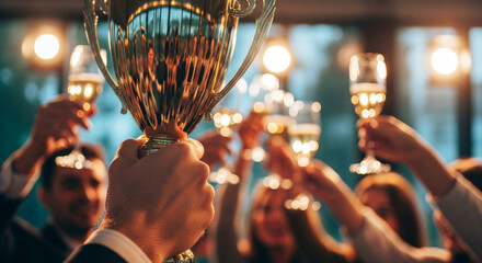 A group celebrates with a golden trophy and champagne glasses raised in a toast. The warm lighting enhances the sense of achievement and success.