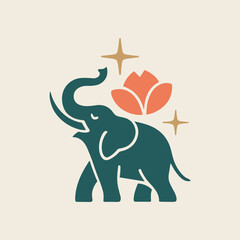 Spiritual Elephant Logo Design with Lotus Flower and Sparkling Stars