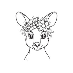 Cute Kangaroo with Floral Crown &ndash; Adorable Line Art Wildlife Illustration