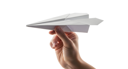 Hand launching a folded paper airplane model white background close up