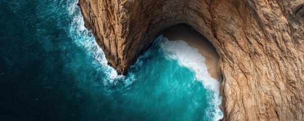 Vista Coastline Natural wonder concept. Aerial view of a rocky coastline meeting turquoise ocean waves.