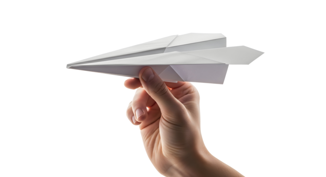 Hand launching a folded paper airplane model white background close up