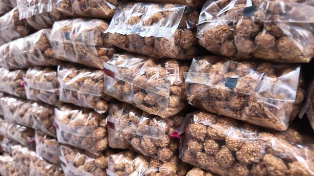 Delicious snacks stacked in a market for sale