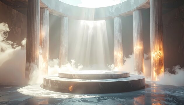Mystical Podium with Ethereal Light and Fiery Accents in a Grand Circular Chamber.