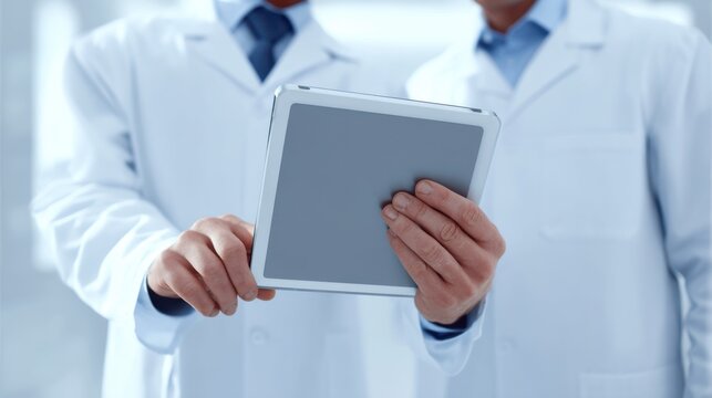 Medical professionals using tablet for patient data management in clinical setting with modern technology and collaborative environment