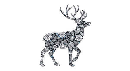 Intricate floral and abstract patterned deer illustration in black, white, and blue tones.